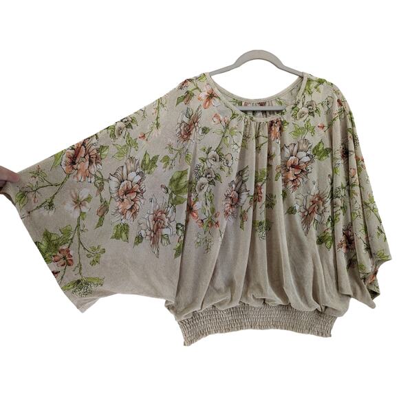 Susan Graver Floral Blouse S Cream Loose Fit Batwing Top Crew Elastic Hem Office - Picture 2 of 8